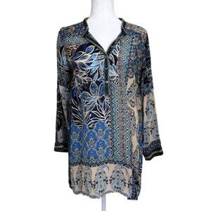 Johnny Was Womens Size S Tunic Silk Carly Jessa Boho Blue Beige Print Button-Up